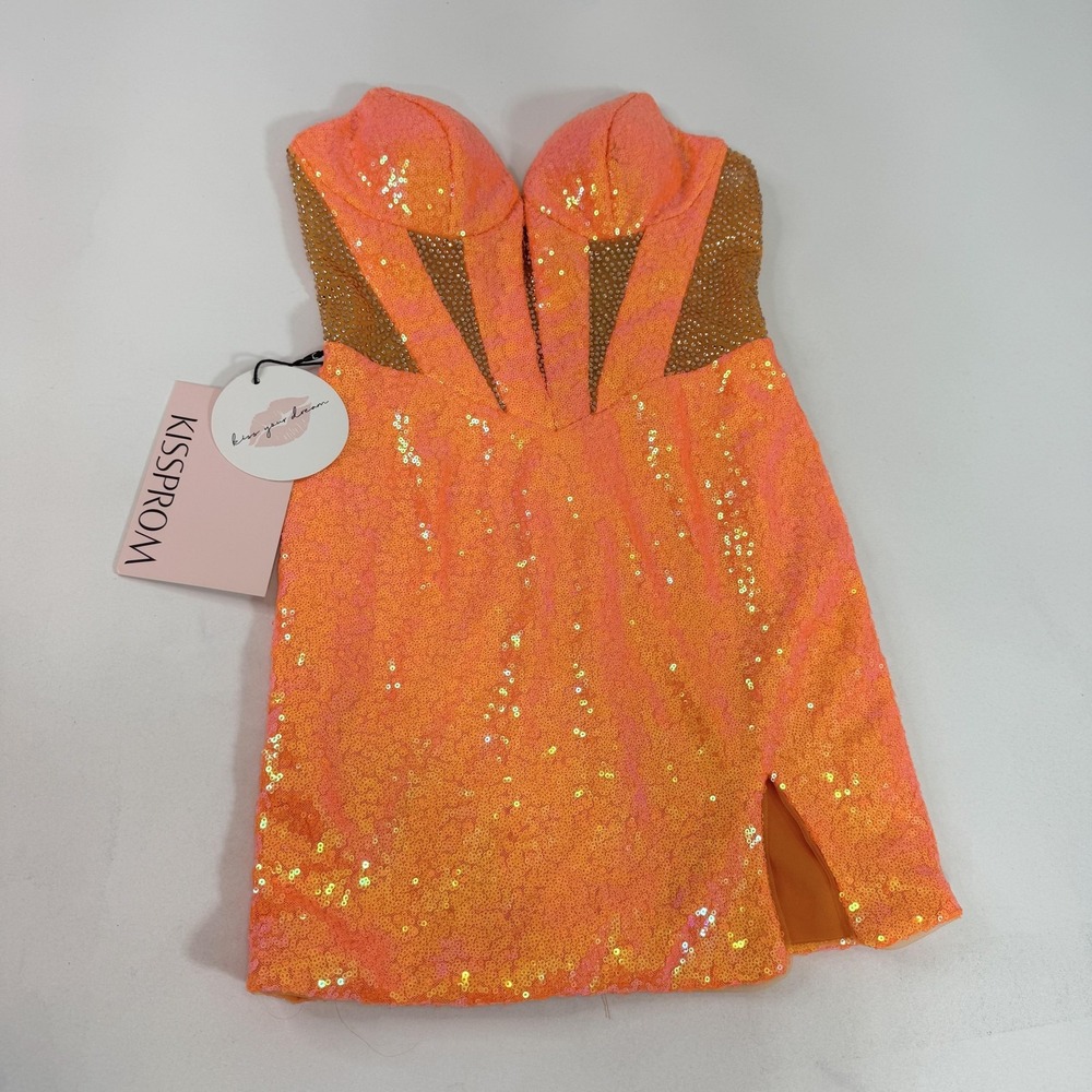 KISSPROM Dress Womens 4 Orange Sequin Strapless Bustier Bodycon Mini Prom Mesh